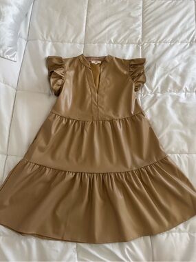 entro Tan Faux Leather Tiered Dress with Flutter Sleeves